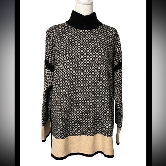 J. Jill Mock Neck Cotton Blend Knit Sweater Black Cream Large - Picture 1 of 7